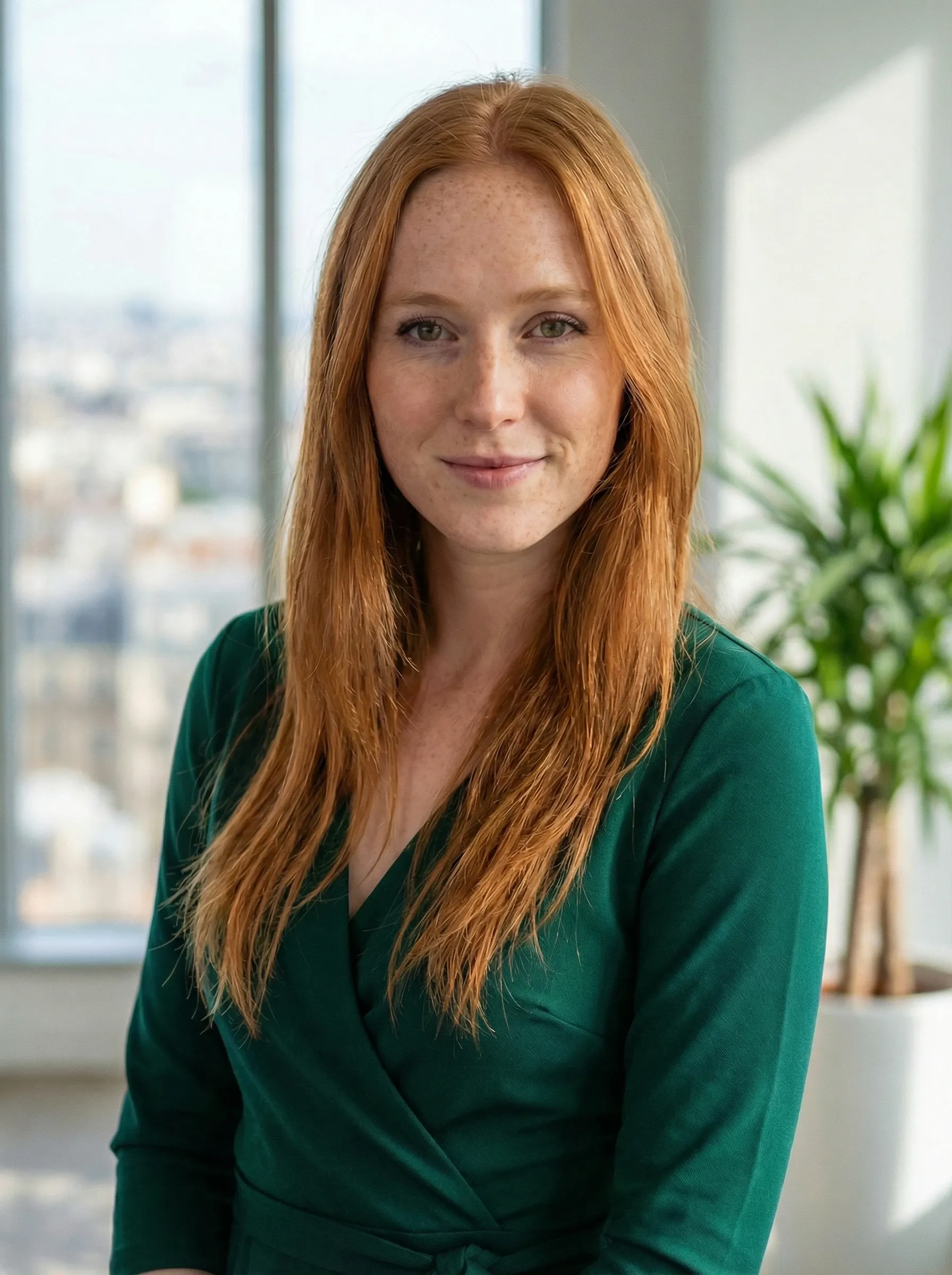 AI real estate agent headshot — woman in an emerald wrap dress in a bright apartment